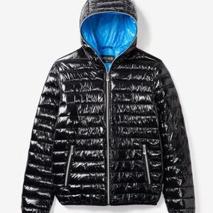 Noize Shiny Vegan Black Puffer Jacket with Blue Lining